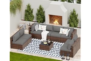 UDPATIO Patio Furniture Sets, Modular Rattan Outdoor Patio Sectional Furniture Sofa Set, Wicker Patio Conversation Set for Backyard, Deck w/Glass Coffee Table, 9 PC Brown/Grey (Include Sofa Cover)