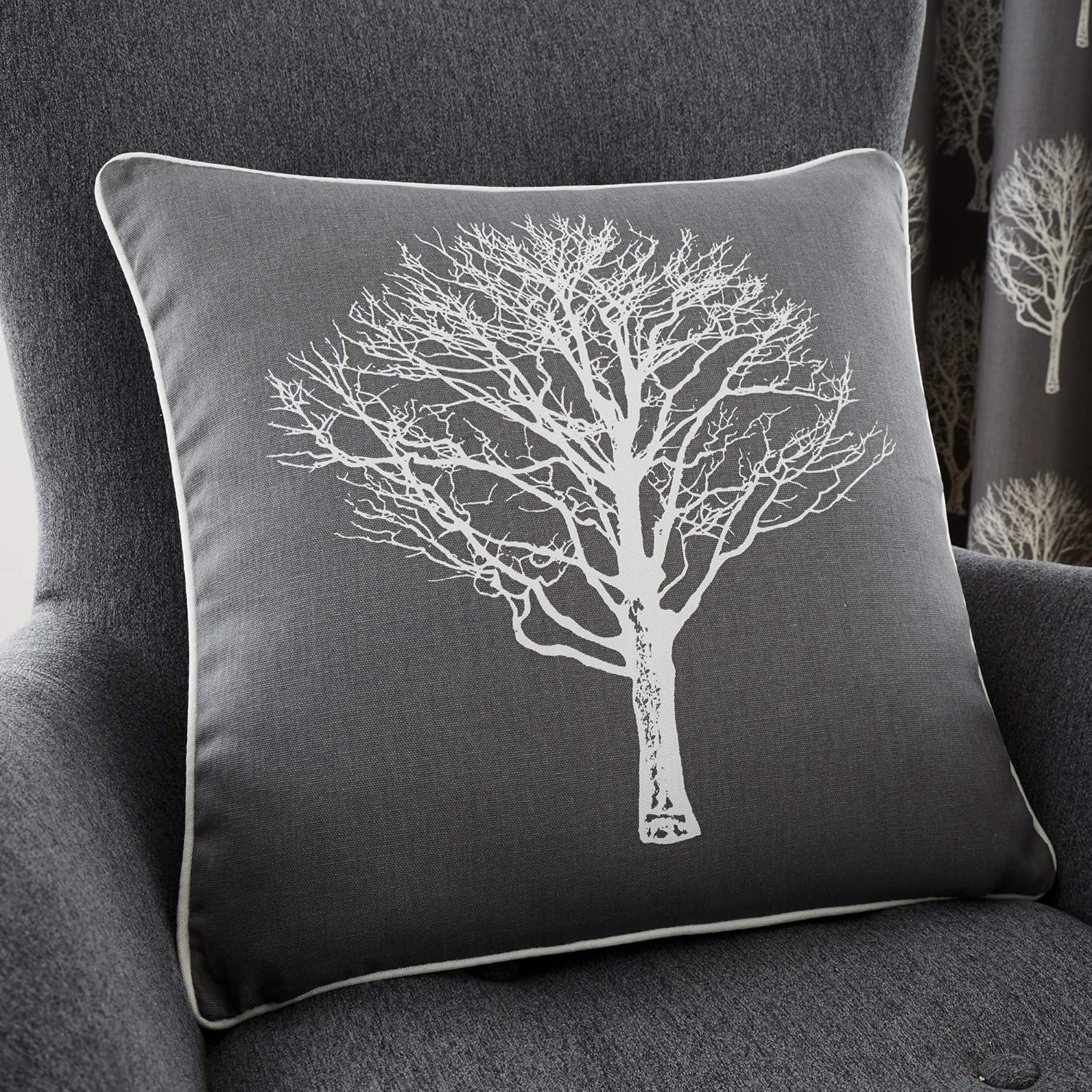 Fusion - Woodland Trees - 100% Cotton Filled Cushion - 43x43 cm in Charcoal Grey