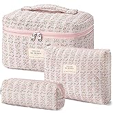 HBselect Quilted Makeup Bag, 3PCS Cotton Large Travel Makeup Bag, Cute Floral Coquette Make up Bag Cosmetic Bag Toiletry Bag for Women Girls