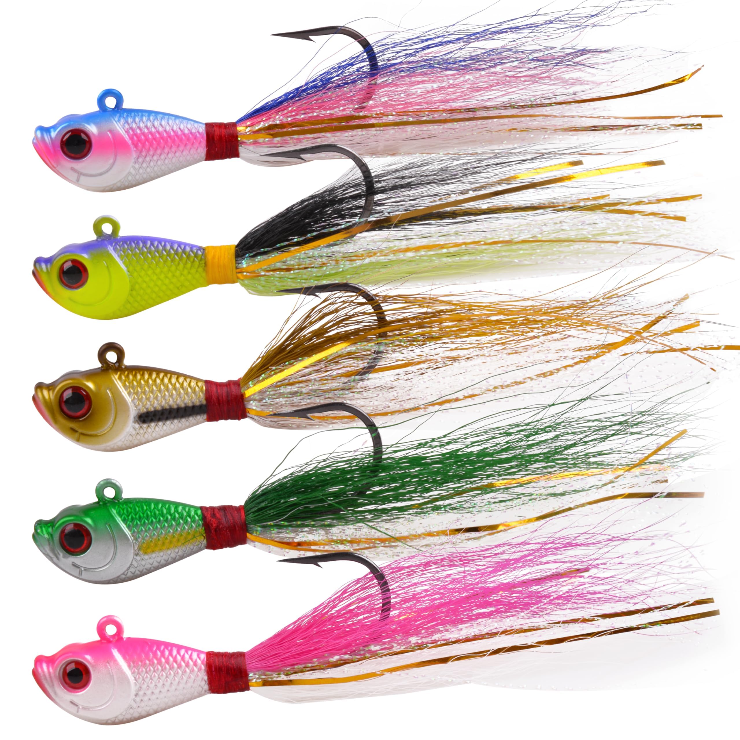 Bucktail Jigs Saltwater Fishing Lures, 5pcs Saltwater Jigs Kit Bucktail Hair Jig Saltwater Freshwater Surf Fishing Lures for Walleye Striper Bass Snook Bluefish Fluke Flounder 1/4oz-2oz