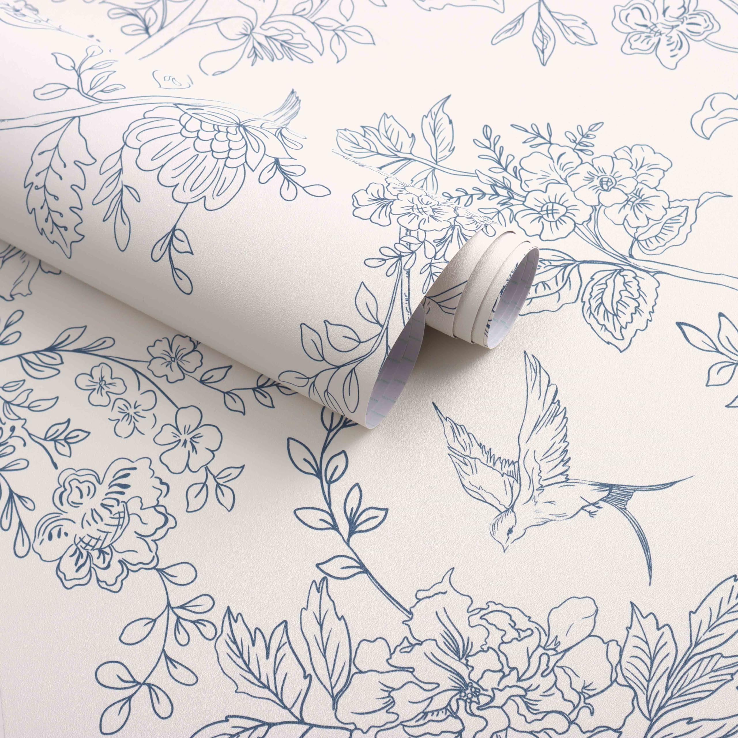 Photo 1 of Froluya Cream White and Blue Floral Wallpaper Peel and Stick Wallpaper 17.7"x118.1" Vintage Floral Peel and Stick Wall Paper Removable Boho Self Adhesive Contact Paper for Bedroom Bathroom Vinyl