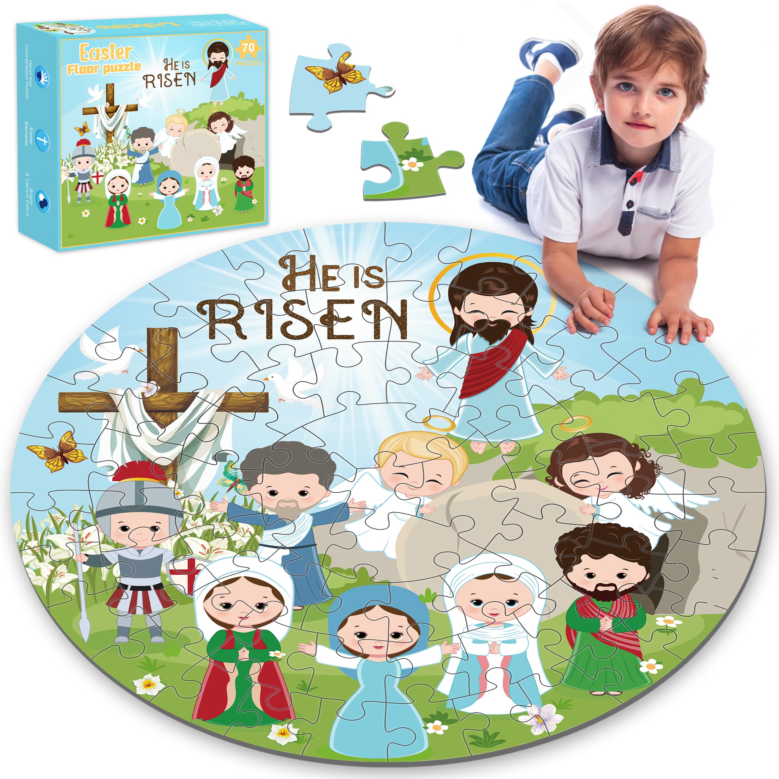 Christian Easter Gifts Basket Stuffers for Kids, 70Pcs Large Easter Floor Puzzles for Kids Age 4-8, He is Risen Jigsaw Puzzles Basket Essentials for Boy Girls