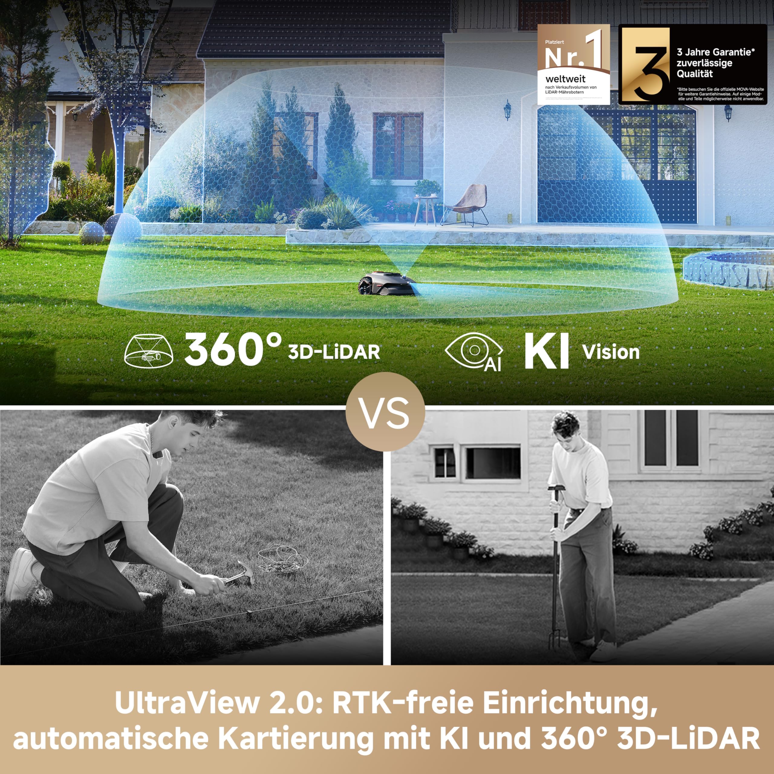 MOVA LiDAX Ultra 800 Mähroboter ohne Begrenzungskabel, Empf. 800 m², ohne RTK & automatische Kartenerstellung per 3D-LiDAR mit 360° & AI Vision, 5 cm Kantenschnitt, effiziente Wegeplanung in U-Form 2