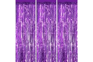 YEURFONTASY Purple 3 Pack Metallic Tinsel Foil Fringe Curtains, 3.3x8.3 Feet Purple Streamers Backdrop for Party, Door Streamers Party Decorations, Party Streamers for Birthday Christmas Party Decorations