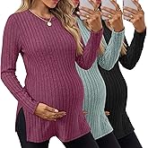 Sweetyweee 3 Pack Women's Maternity Shirts, Ribbed Long Sleeve Pregnancy Sweaters Knit Split Side Crew Neck Tunic Tees Tops(Black, Gray Green, Wine Red,X-Large)