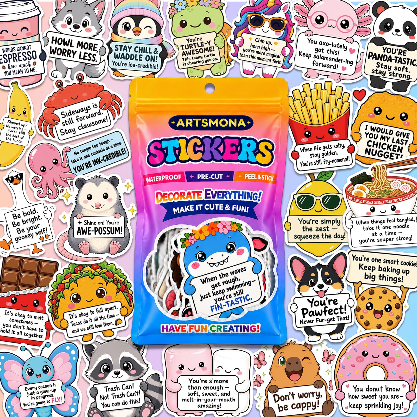 150 Pcs Funny Positive Affirmation Stickers, Cute Animal & Food Puns | Waterproof vinyl, 2.8-3 in; motivational classroom rew