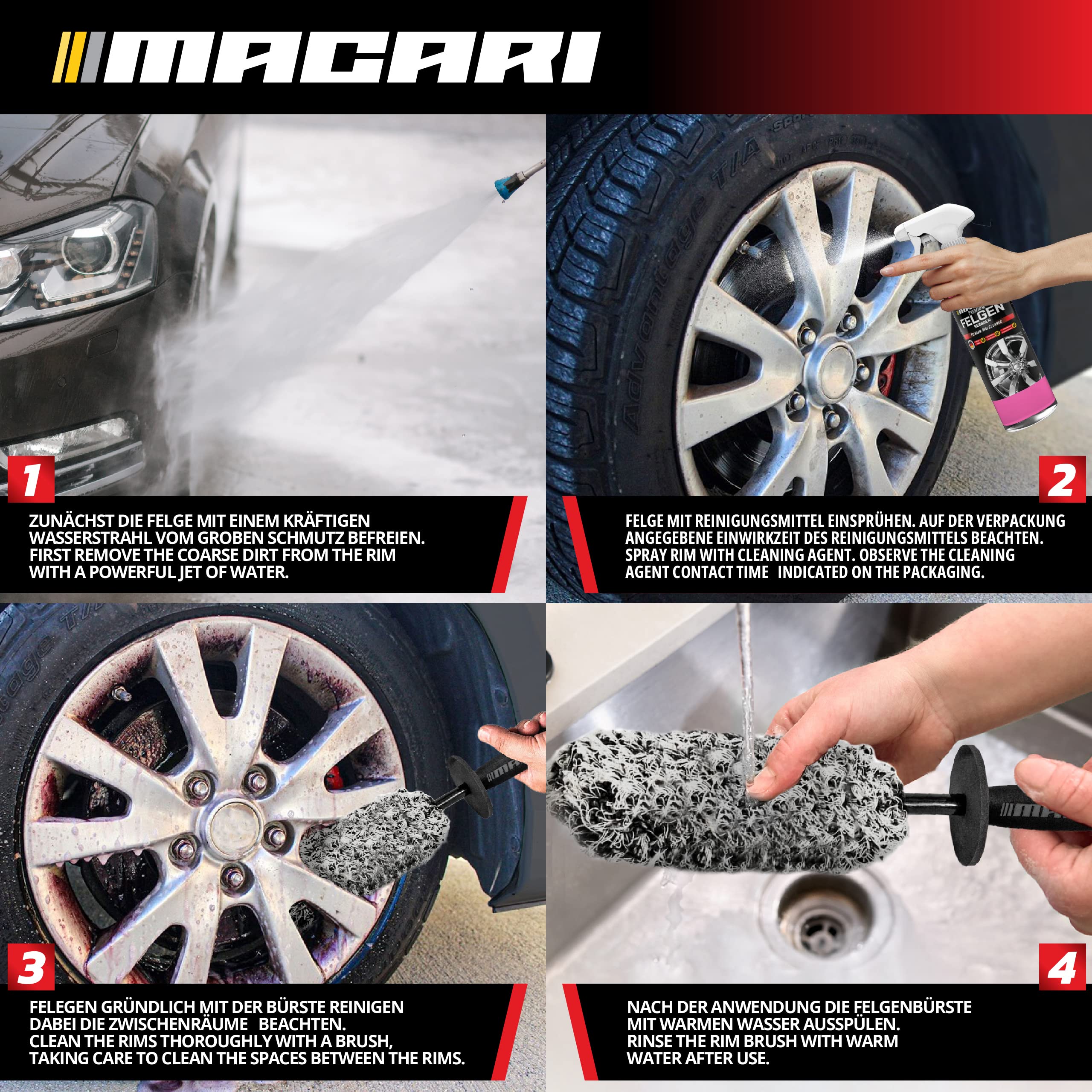 Macari EXTRA DÜNNE Premium Microfaser Auto Felgenbürste für Alufelgen Extra schonende Felgenreiniger Bürste Optimale kratzfreie Felgenpflege, Felgenschrubber, Felgen Reinigung für alle Felgentypen 4
