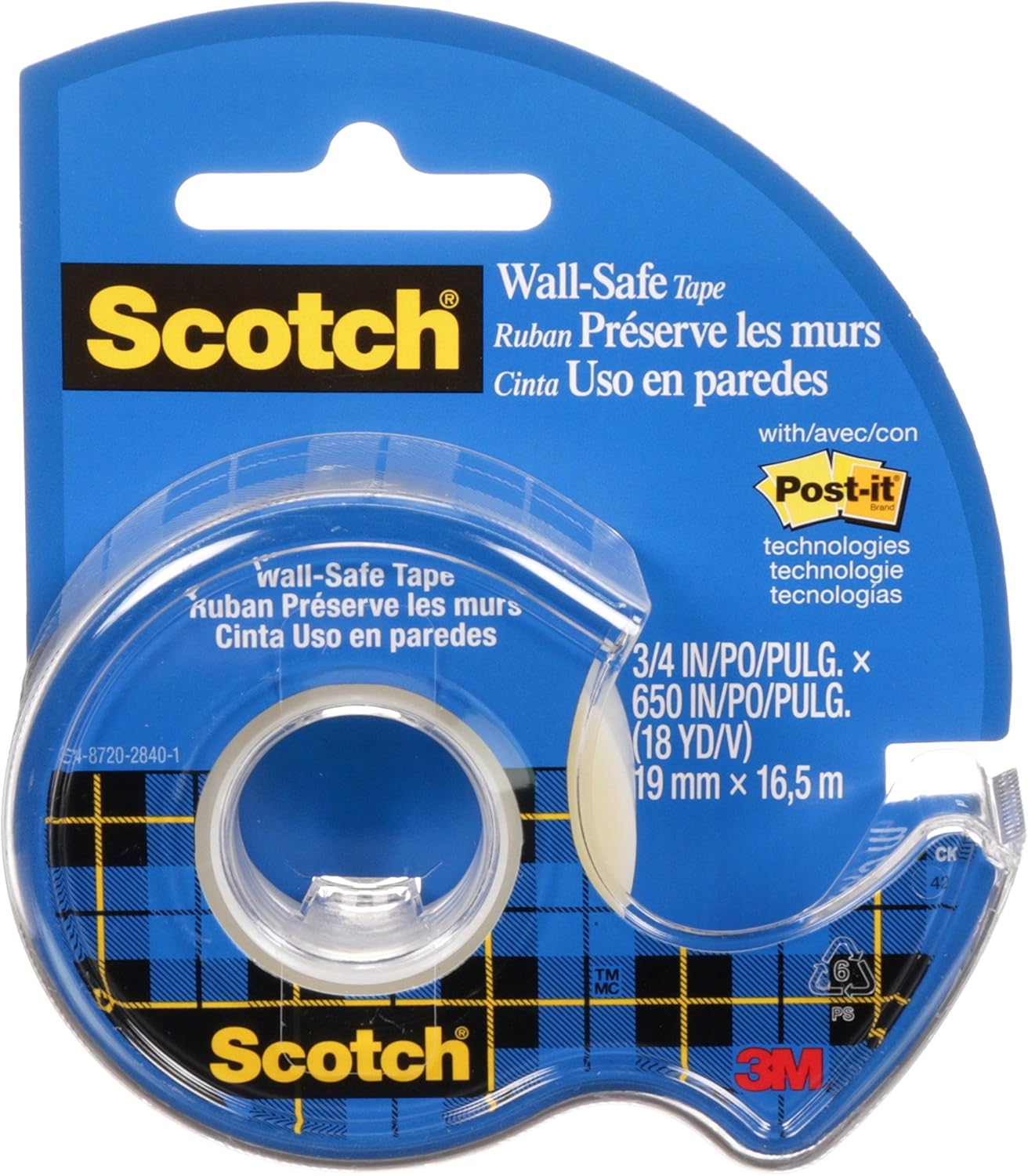Scotch Tape WallSafe Tape, 19mm Wide x 16.5m, 1 Roll in Dispenser