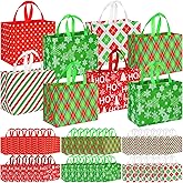 Sanwuta 48 Pcs Christmas Bags Bulk for Gifts 12.8 x 9.8 x 6.7 in Large Tote Treat Grocery Bags with Handles Red Green Striped Dots Plaid Reusable Non Woven Gifts Pocket for Holiday Wrapping Shopping