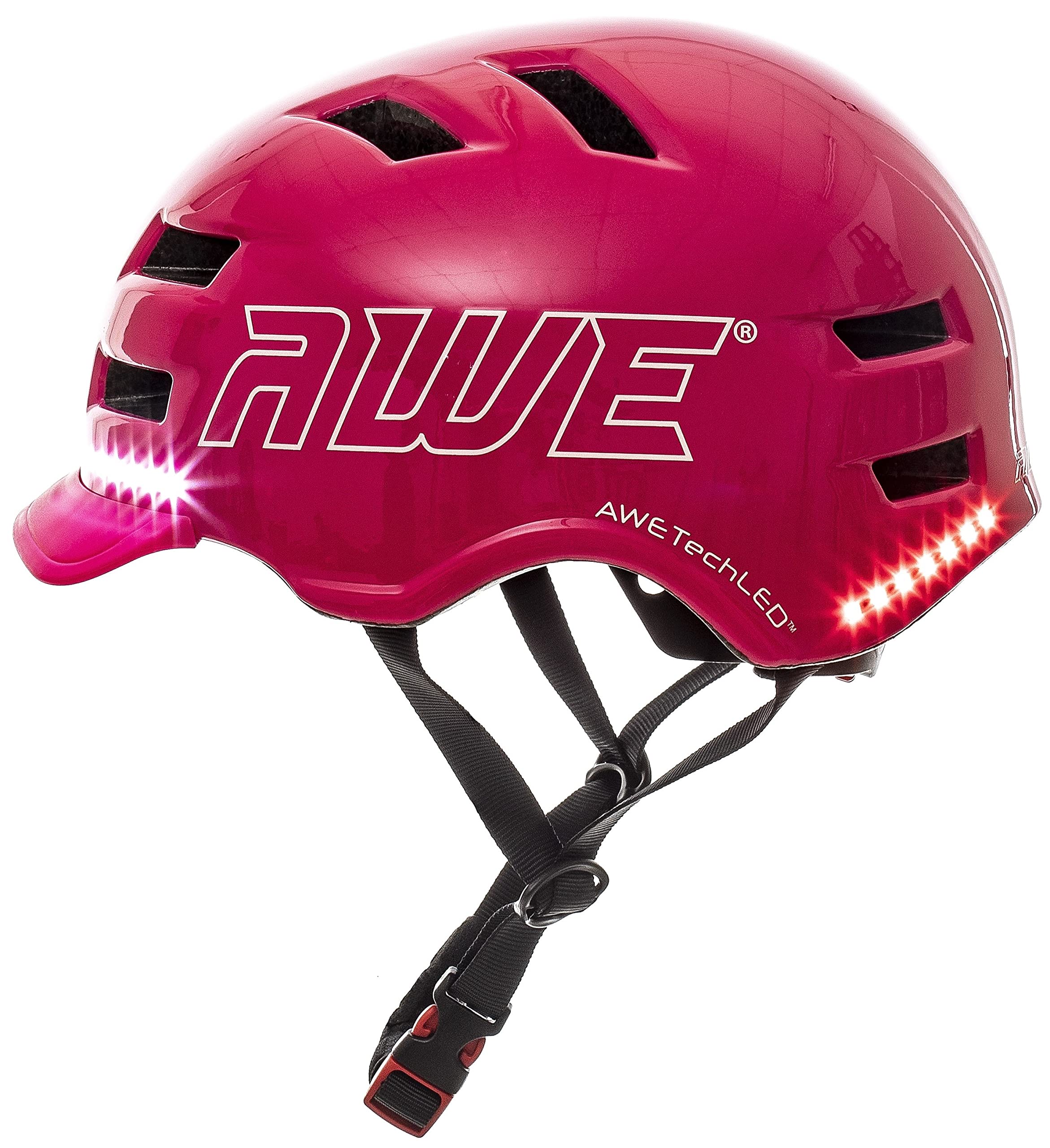 AWETech™ Bike Helmet USB Rechargeable LED Lights Junior Adult Mens Womens 55-58cm Bicycle Helmet Pink Medium Lightweight Breathable *AWE 5 Year Crash Guarantee CE-EN 1078:2012:A1:2012 standards