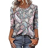 CRAZY GRID Womens Fashion 3/4 Sleeves Tops Fall Crew Neckline Loose Fitting Type Button Down Business Work T Shirts