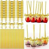 Jutom 200 Pcs Cake Pop Sticks and Bows Kit Include 100 Ribbon Twist Tie Bows 100 Paper Striped Straws for Cake Pops Candies Lollipops Chocolates Wedding Christmas Packaging Party Supplies(Gold)