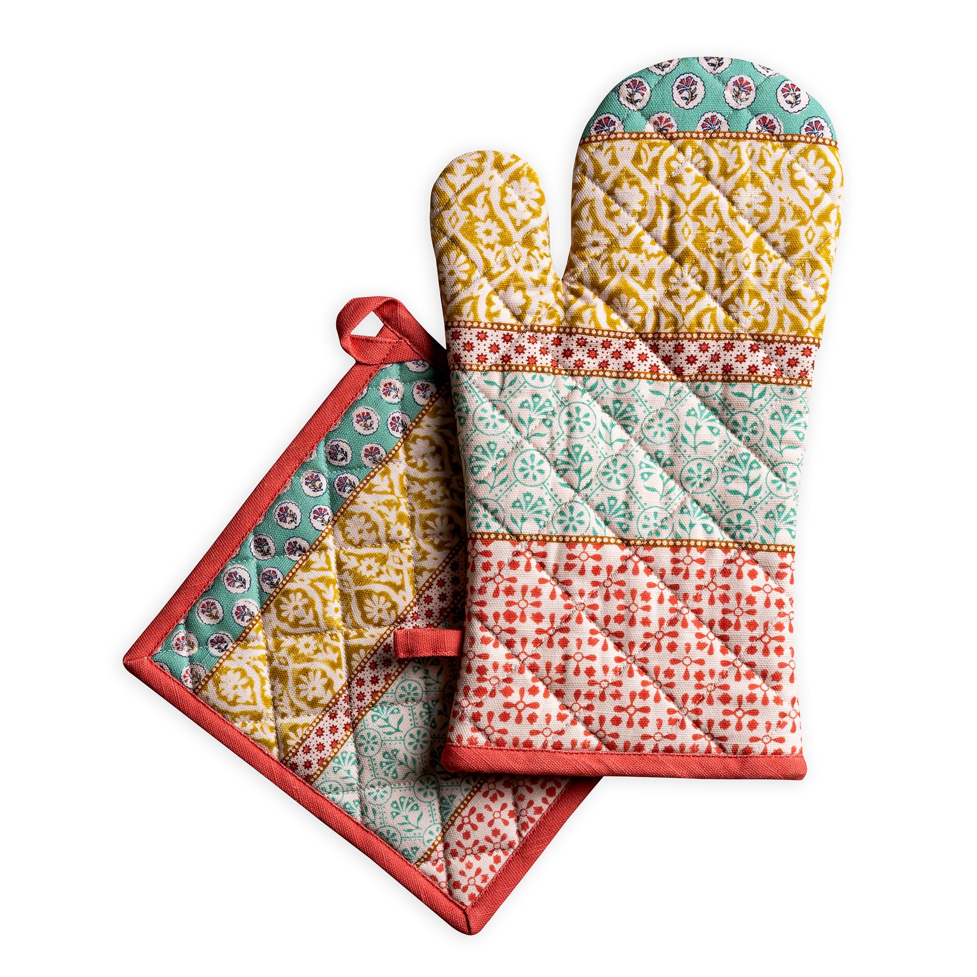 Maison d' Hermine 100% Cotton Oven Mitt & Pot Holder Set (19 x 33 cm & 20 x 20 cm) Heat Resistant BBQ Cooking Gloves with Loop for Baking Handling Hot Pans Gifts for Mothers Day (Provence)