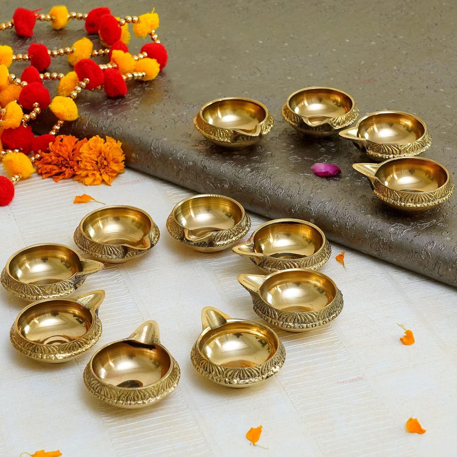 Oil Lamps & Accessories - TIED RIBBONS Kuber Diya Brass Set of 12 for Diwali Decoration and Pooja | Golden Brass Oil Lamps | Puja Decorations and Traditional Indian Return Gifts - Diwali Decorations for Home