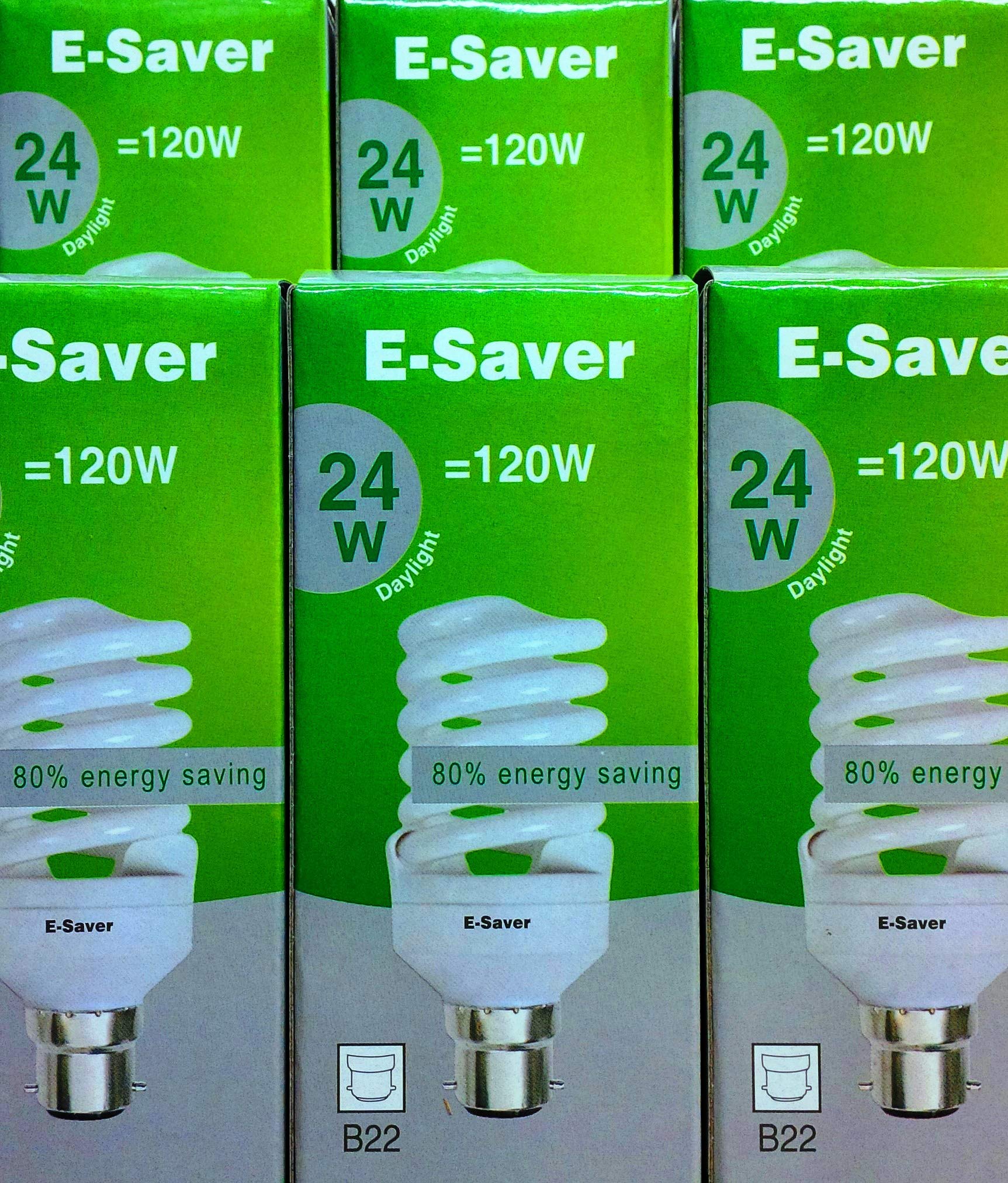 E-Saver - CFL Full Spiral - Energy Saving Light Bulbs -24w = 120 Watt - (Pack of 6) - Daylight 6400k – Bayonet Light Bulb (B22- B22d) - Great for SAD - Snooker, Pool, Hobbies, Crafts, Photography