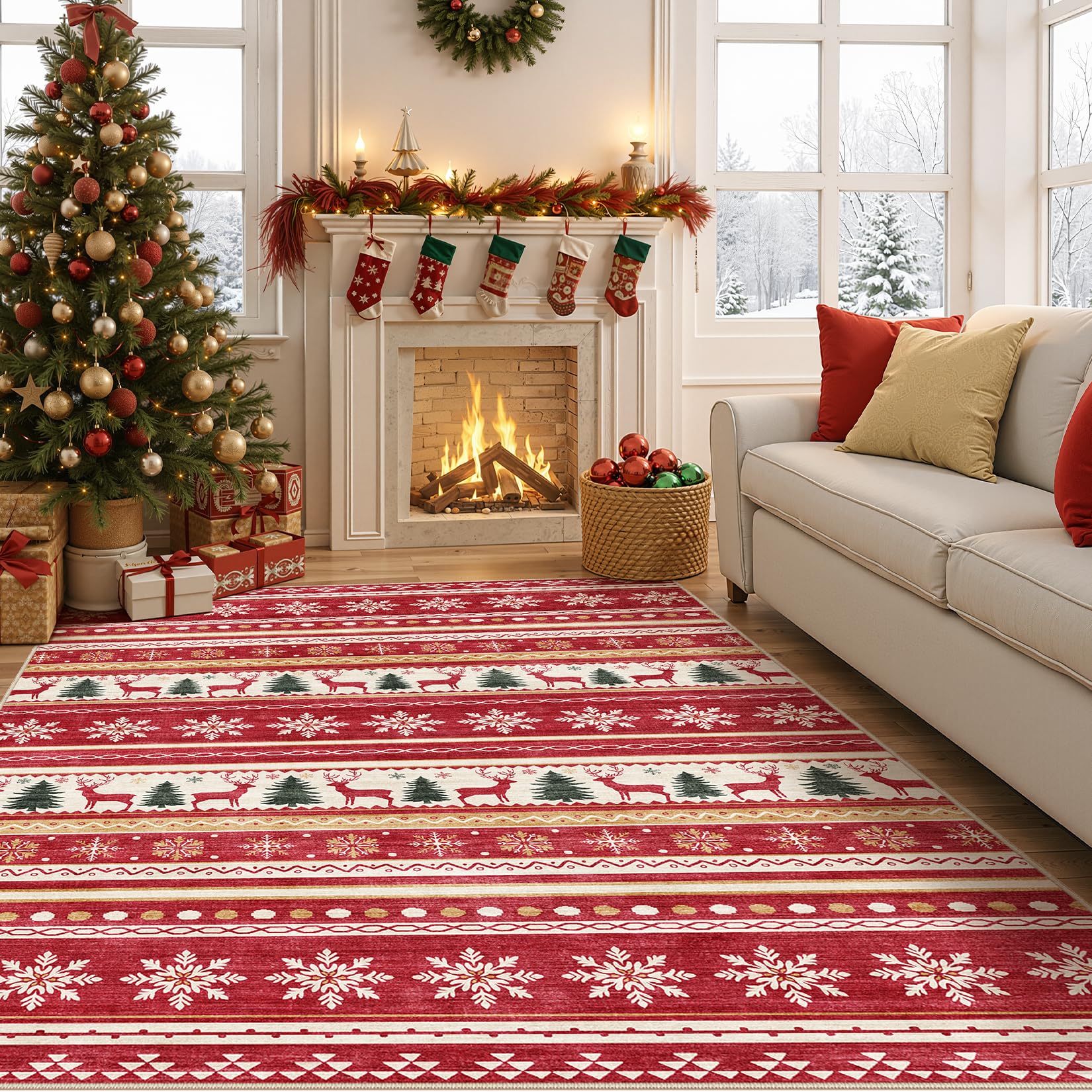 Photo 1 of cotiled Area Rugs for Living Room Washable Living Room Rug Soft Neutral Indoor Floor Carpet Non-Slip Stain Resistant Modern Boho Rugs for Bedroom Dining Room Kids Room Nursery Office Home Red Green