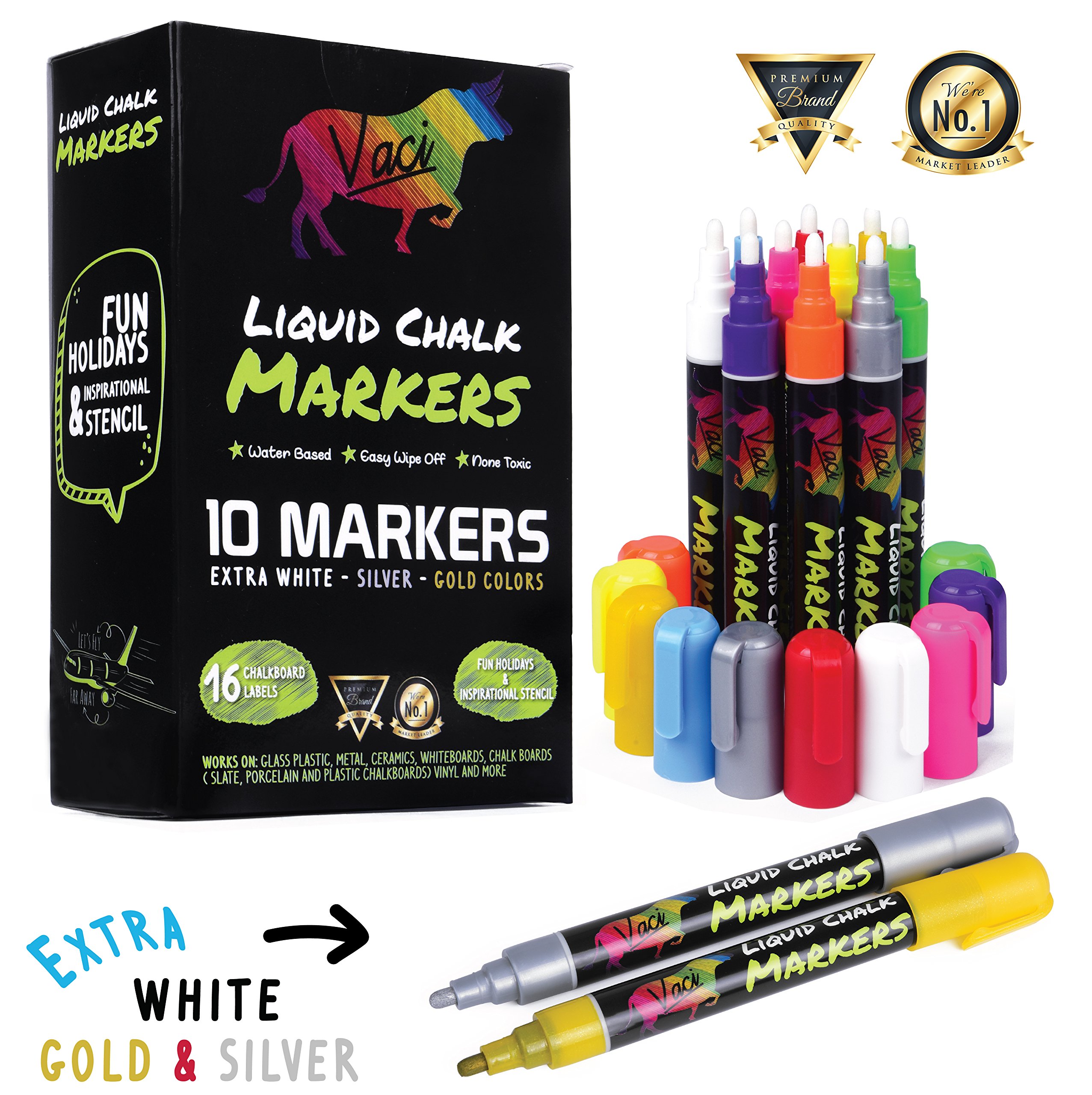 Chalk Markers by Vaci, Pack of 10 + Drawing Stencils + 16 Labels