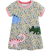FreeLu Girls' Cotton Short Sleeve Dresses Cute Stripe Cartoon Patterned Casual Sundress