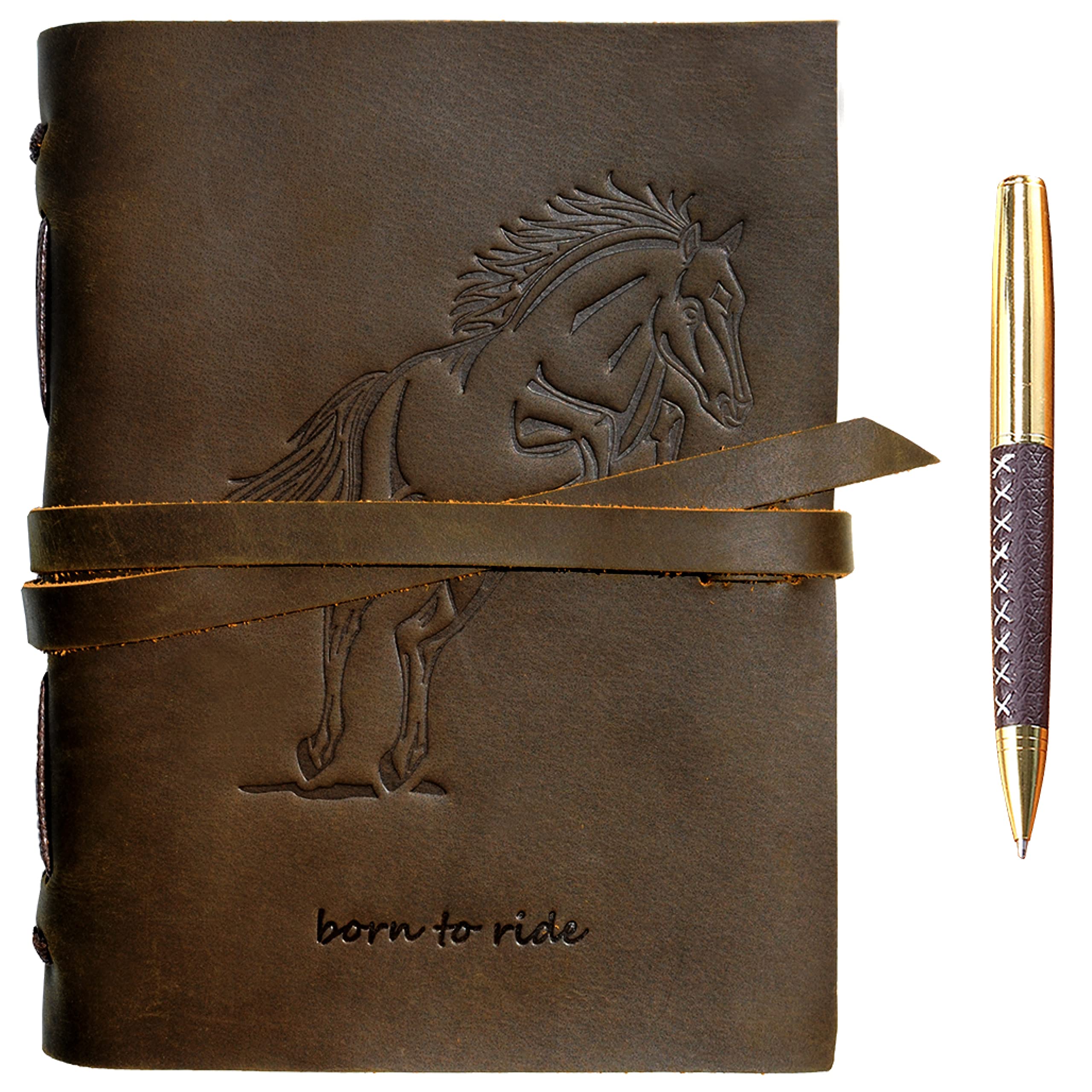 Leather Journal Horse Notebook Embossed Handmade Travel Diary | A5 Vintage Writing Bound Journal for Men for Women 6x8" | Horse Rider Theme Genuine Leather with Plain Paper for Notes Sketchbook + Pen โ image 1