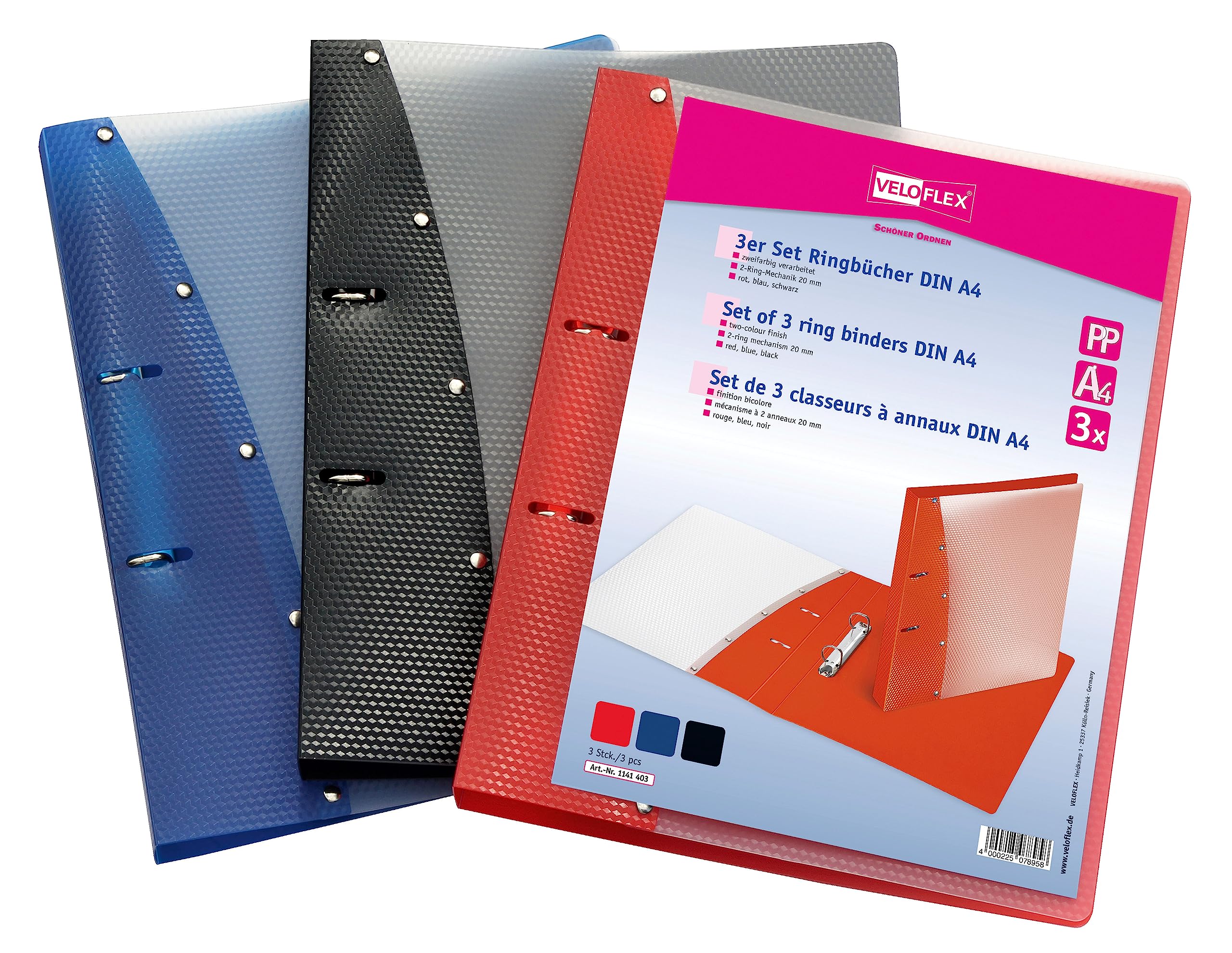 VELOFLEX Diamond 1141003 Ring Binder DIN A4 Pack of 3 Filling Height 20 mm Ring Binder with 2 Ring Mechanism Blue Black Red
