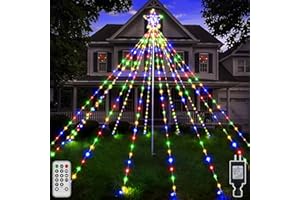 shineshine Christmas Tree Lights 340LED, IP67 Waterproof Remote Control Waterfall Lights with Pole, 8 Modes 3 Timers Dimmable Christmas Decorations Outdoor Lawn Yard Garden (Multicolored)