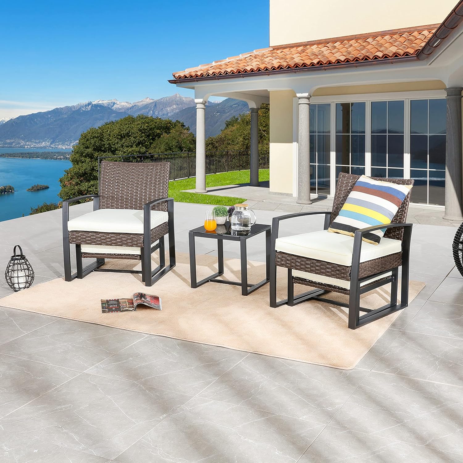 LOKATSE HOME 5-Piece Wicker Outdoor Conversation Set Patio Furniture PE Rattan All Weather Cushioned Chairs Balcony Porch with Ottoman and Glass Coffee Side Table, Beige: Garden & Outdoor