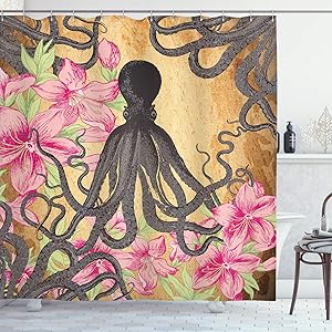 Ambesonne Octopus Shower Curtain, Kraken Illustration Roses Leaves Long Tentacles Vintage Antique Composition Floral Sea Life Theme, Cloth Fabric Bathroom Decor Set with Hooks, 75
