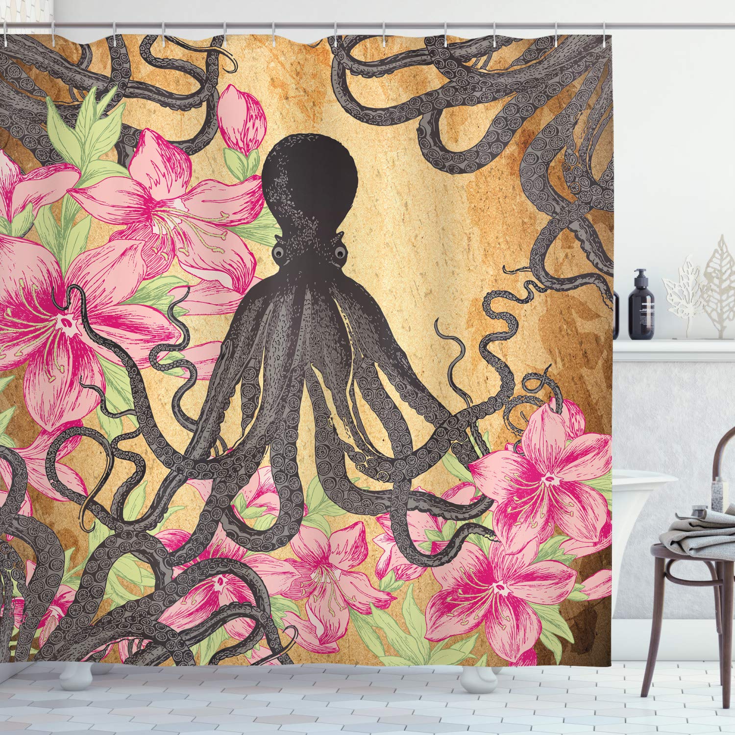 ABAKUHAUS Octopus Shower Curtain, Kraken Roses Leaves Tentacles Vintage Antiqued Sea Life Theme, Cloth Fabric Bathroom Decor Set with Hooks, 175 x 180 cm, Pale Brown Pink