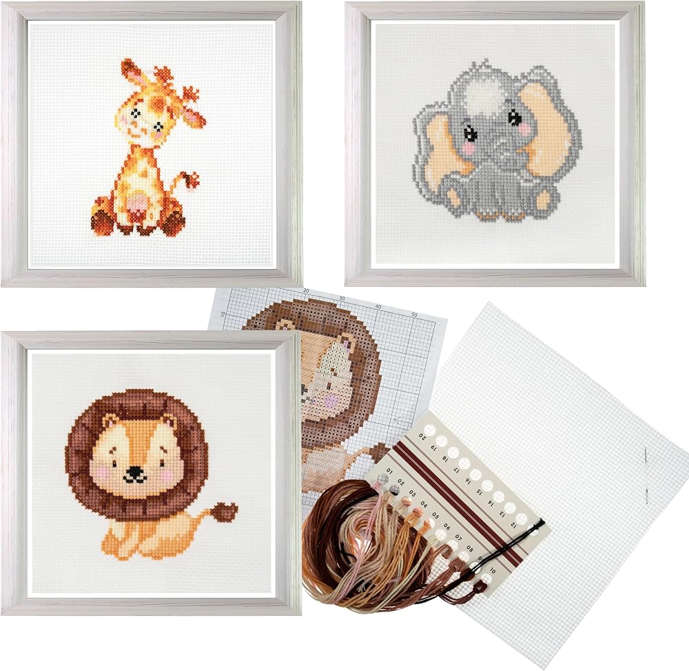 Trimits 3PK Cross Stitch Kits for Beginners Giraffe Elephant Lion 13x13cm