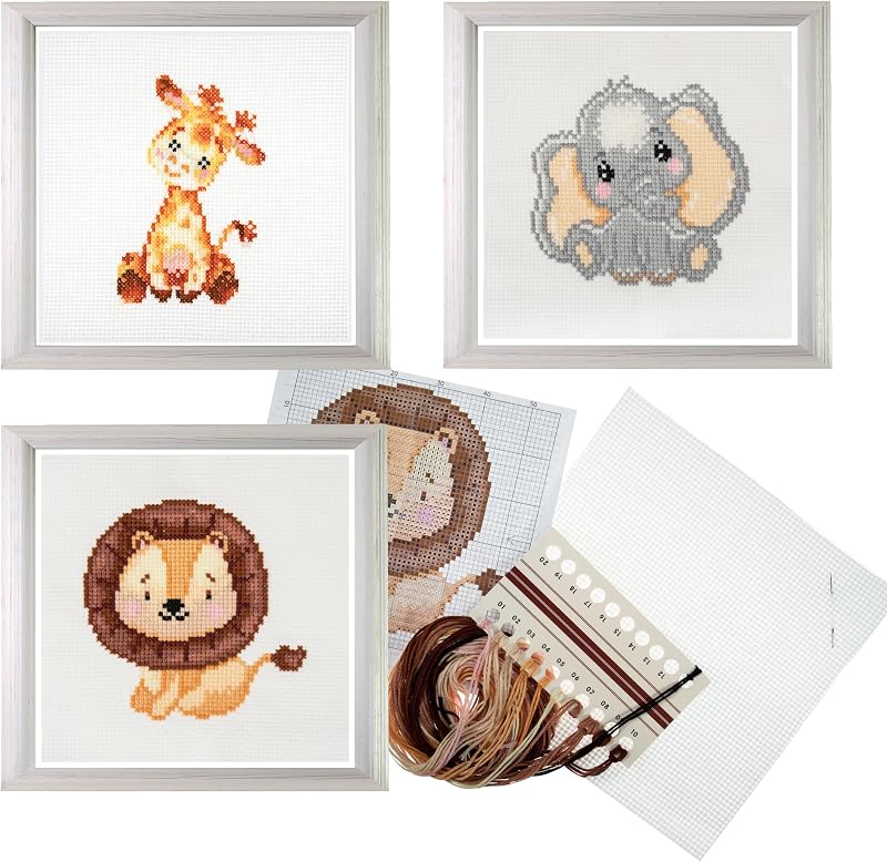 Trimits 3PK Cross Stitch Kits for Beginners Giraffe Elephant Lion 13x13cm