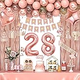 28th Birthday Decorations for Women Girls, Happy 28 Birthday Decorations for Her, Rose Gold Birthday Party Supplies with Banner, Number Balloons, Fringe Curtains, Hanging Swirls, Foil Balloons