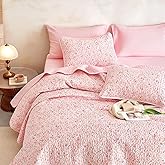 Wake In Cloud - Floral Quilt Set, Cute Vintage Flower Cottagecore Shabby Chic for Women Teen Girls, Reversible Lightweight Bedspread Coverlet, 3 Pieces, Pink, Twin/Twin XL Size