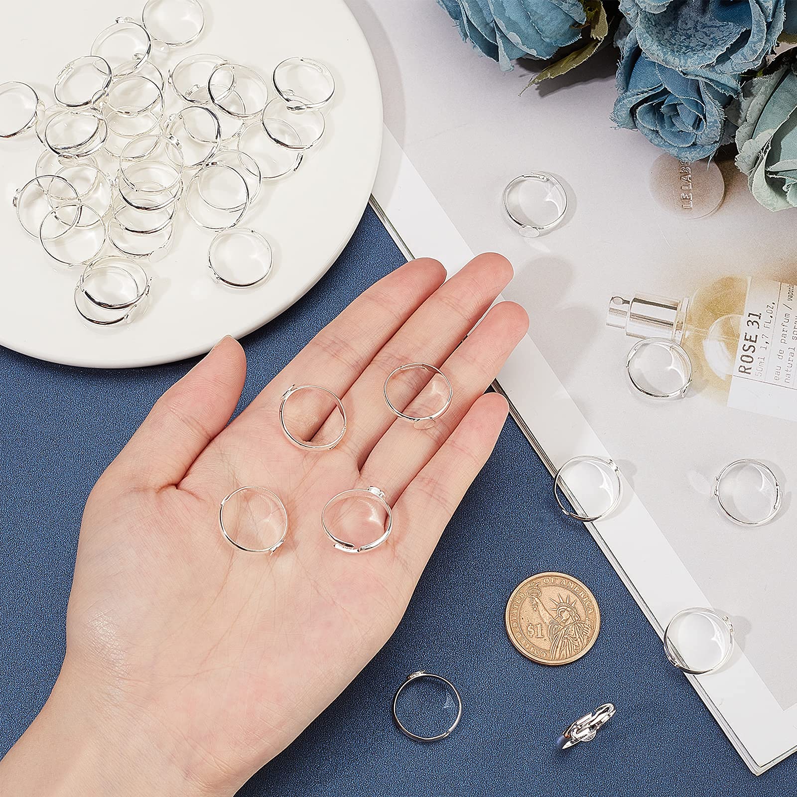 PH PandaHall 40pcs Adjustable Blank Rings, Silver Rings Brass Finger Ring Settings Components Base with 6mm Round Pad for DIY Jewelry Making Birthday Women