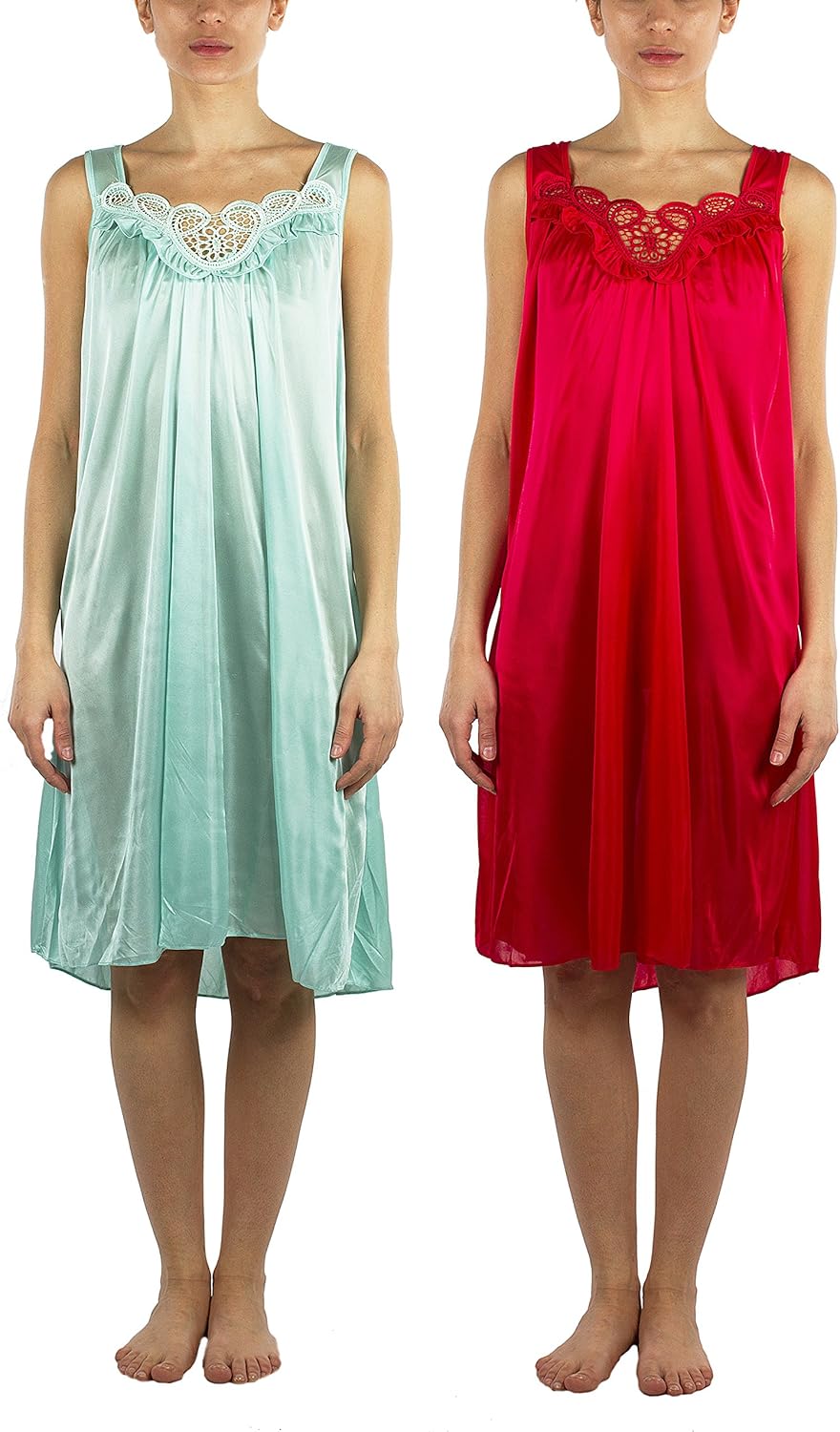 2 Pack of Silky Lace Accent Sheer Sleeveless Nightgowns Medium to 4X Available (9006) Amazon