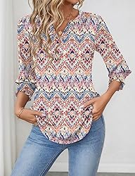 LOMON 3/4 Length Sleeve Floral Print Top with V
