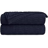 Longhui bedding Large 100% Cotton Navy Blue Cable Knit Throw Blanket for Couch Sofa Bed with Bonus Laundering Bag – 60 x 80 Inches, 3.4 LB, Dark Navy, Machine Washable