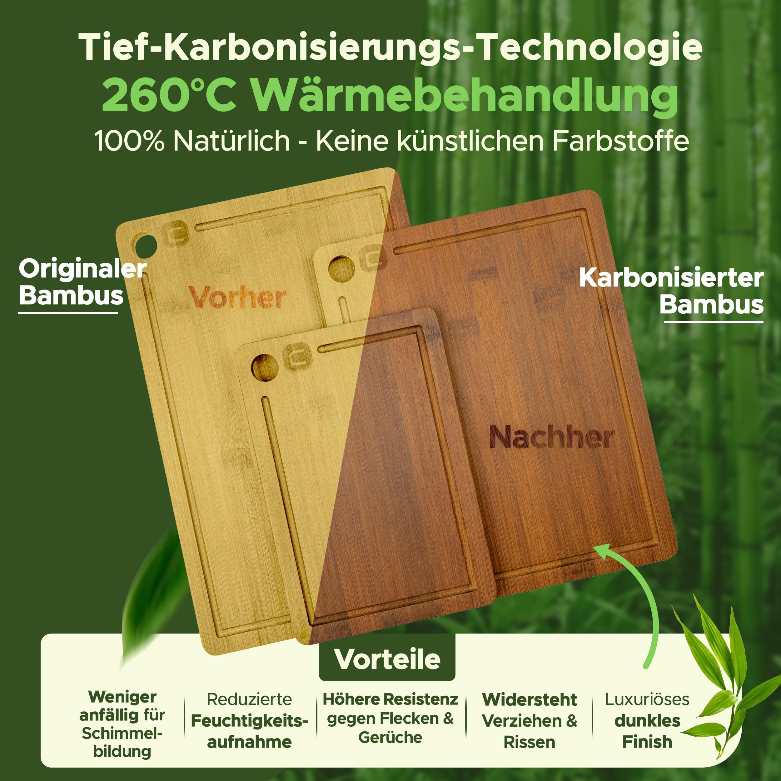naturlik Schneidebrett Set 3er Karbonisiert - Bambus Schneidebrett Dunkel mit Saftrille - Nachhaltiges Küchenbrett Holz für Fleisch, Gemüse, Käse & Brot - Servierbrett Messerschonend Vorgeölt 2