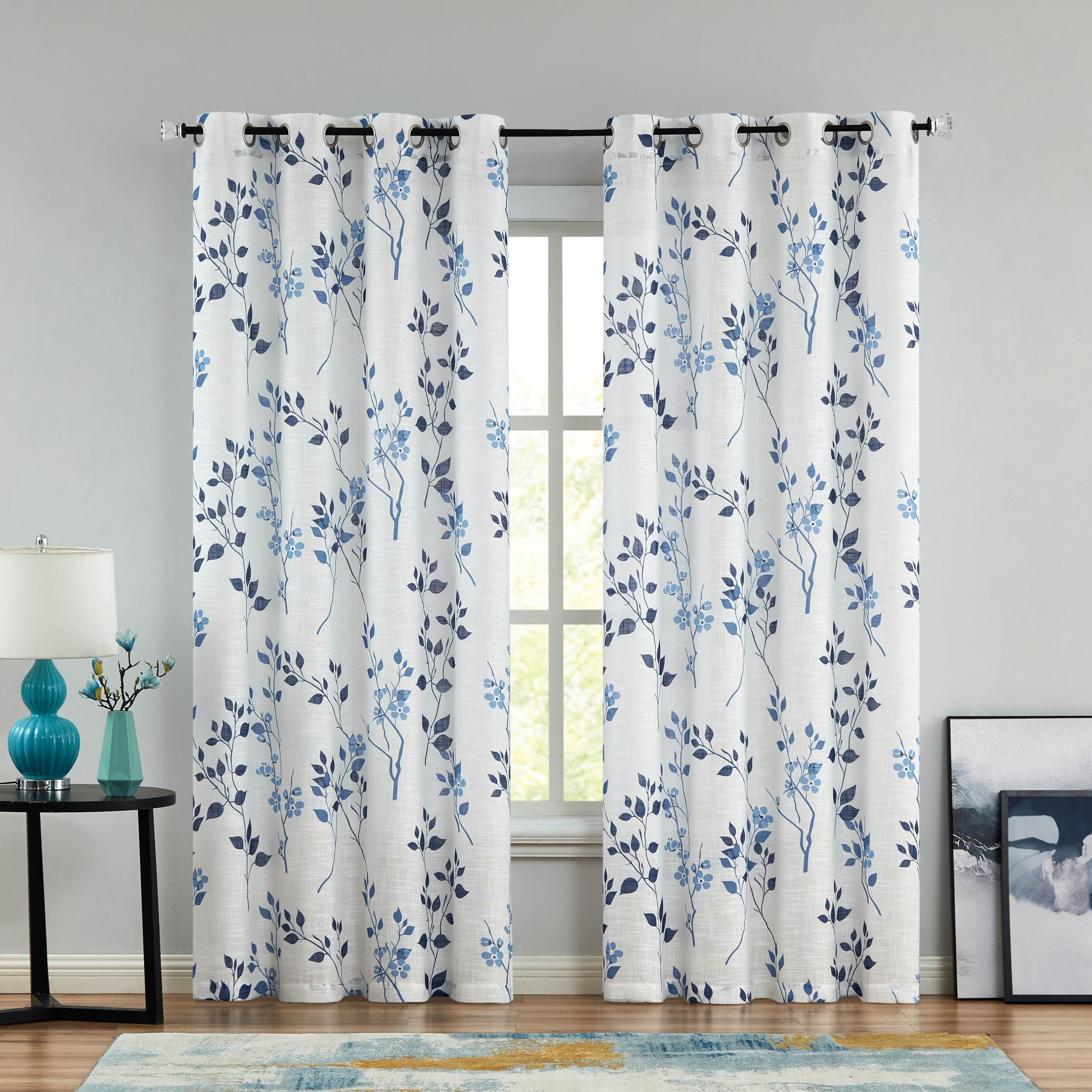 Beauoop Navy Blue Semi Sheer Floral Curtains for Living Room Bedroom 72 Inch Drop Linen Textured Farmhouse Curtains Leaf Printed Eyelet Rustic Drapes Window Treatment Set 2 Panels