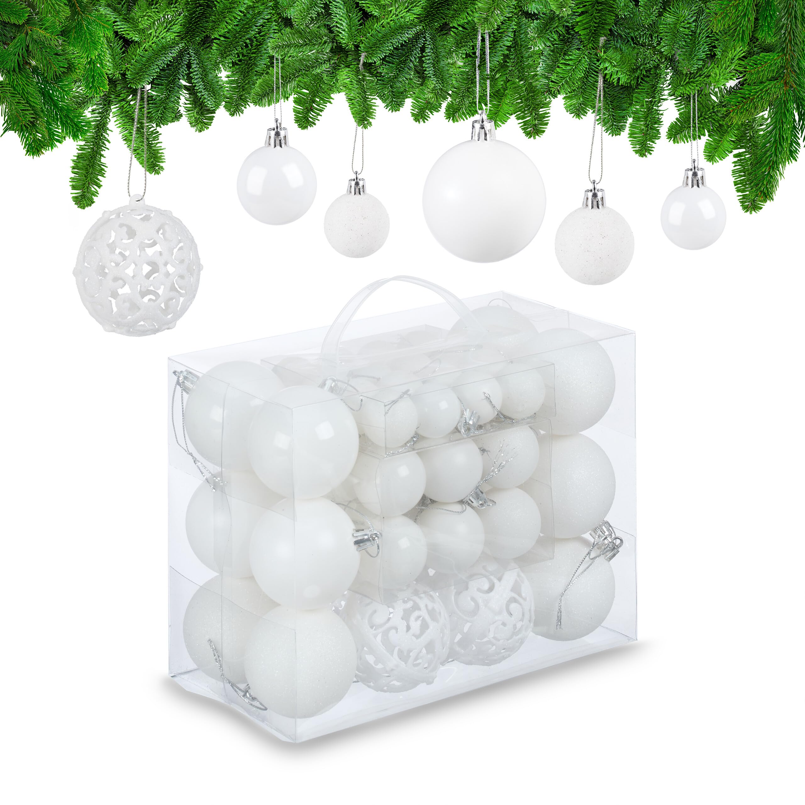 Relaxdays Christmas Bauble Set of 50, Glittery, Matt & Shiny Ornaments, Plastic Xmas Tree Balls, Ø: 3, 4 & 6 cm, White