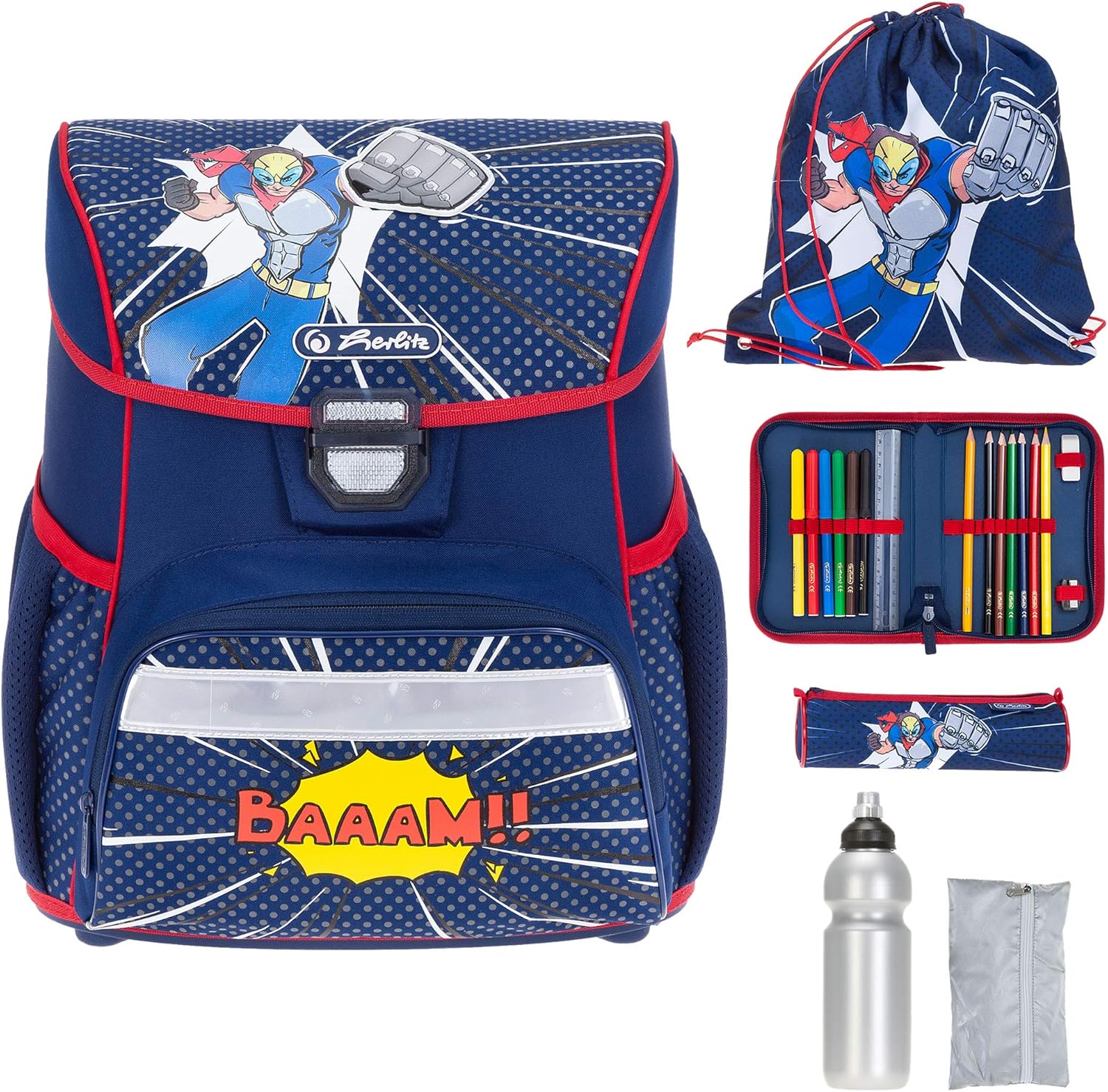 Schulranzen Set 6 Teile Herlitz Loop Plus Jungen Mädchen leicht Ranzen Grundschule rf (Comic Hero 577)