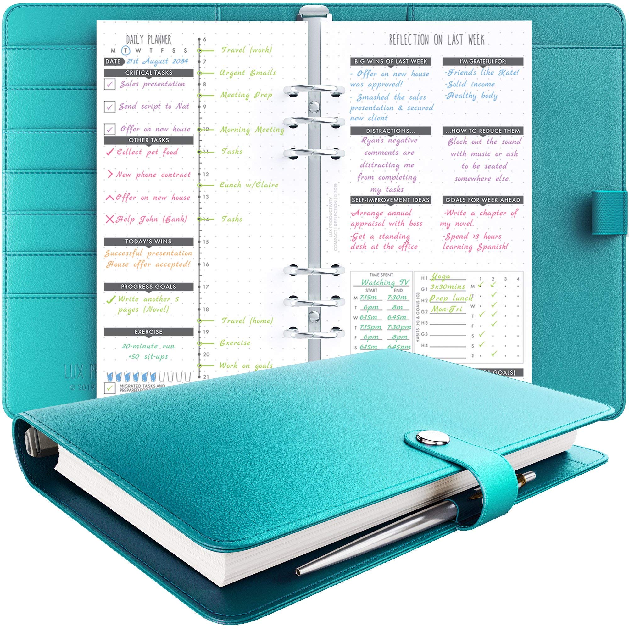 LUX Productivity COMPACT Planner – Best Undated 2024 Diary/Organizer with Daily Schedule & Reflection Journal - (Turquoise)
