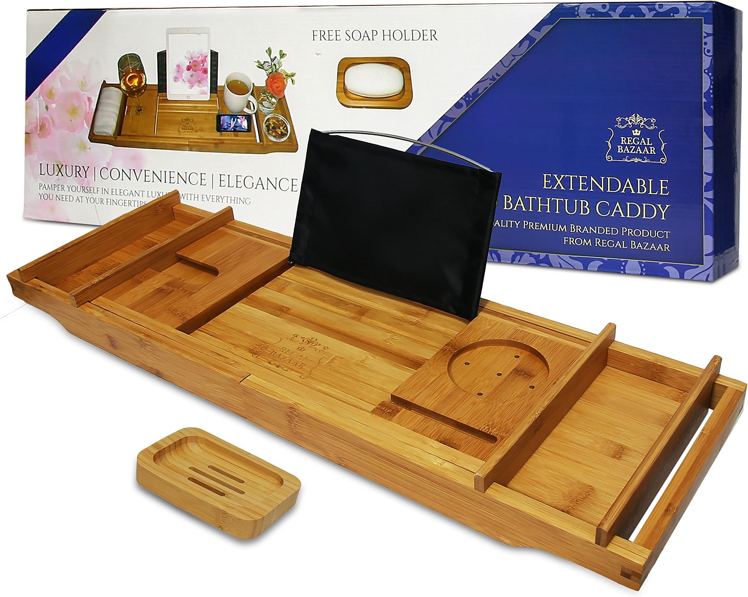 Regal Bazaar Bamboo Bath Tub Caddy Tray - Extending Sides, 2 Removable Spa Trays, Book Holding Stand, Cellphone Slot, Wine Glass and Cup Holders, and Non Slip Base - Free Soap Dish