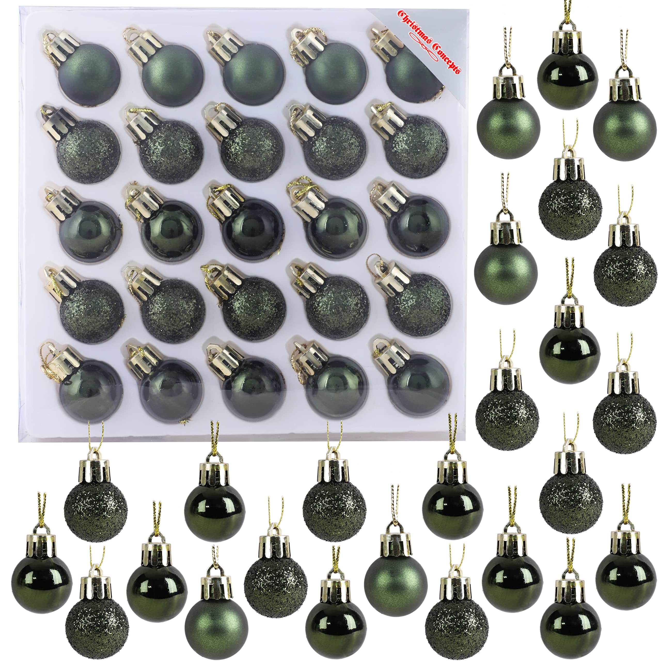 Christmas Concepts® Pack of 25-25mm, 2.5cm (1") Mini Christmas Tree Baubles - Shiny, Matte & Glitter Decorated Baubles (Forrest Green)
