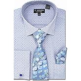 C. Allen Men's Checks Dot Printed Regular Fit French Cuffs Dress Shirts with Tie Hanky Cufflinks Combo