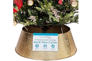 BIRDROCK HOME 4-Panel Hammered Metal Christmas Tree Collar - Stylish Holiday Tree Skirt Alternative - Durable Iron Construction Base Cover - Protects Tree Base from Pets - Easy Assembly - Gold