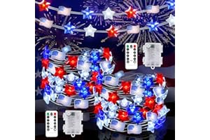 XURISEN 2Pack 4th of July Decorations, 20FT 50 LED Red White Blue Lights Patriotic USA Flag with Remote & Timer Battery Operated Fairy Lights for Independence Day, Memorial Day, Fourth of July Decor for Home