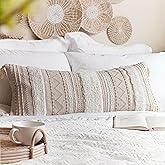 BlissBlush 14x36 Lumbar Pillow Cover for Bed, Rectangular Long Decorative Throw Pillowcase, Boho Accent Cushion with Tufted Pattern and Tassels, Cream Beige Neutral (Cover Only)