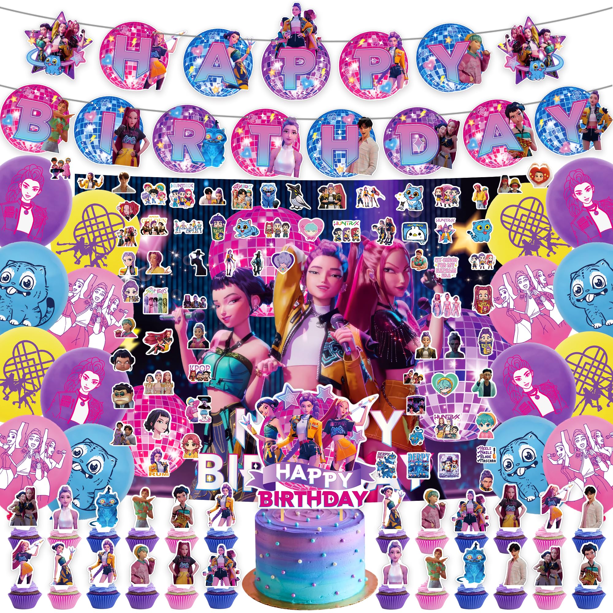 Photo 1 of 127 Pcs Demon Hunters Birthday Decorations, Party Supplies Kit with Backdrop, Banner, Cake Topper, Cupcake Picks, Balloons, Stickers for Themed Celebration