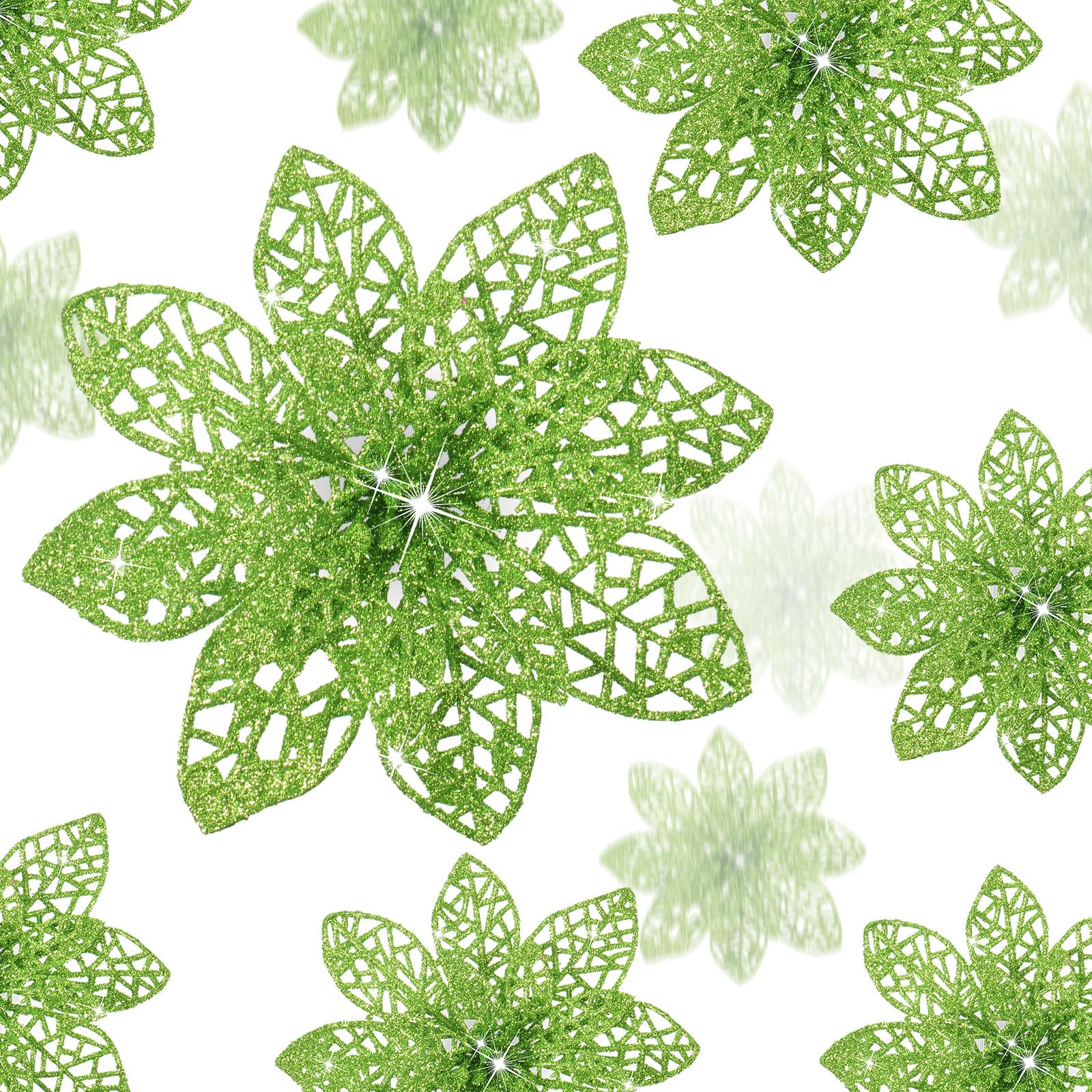 36 Pieces Christmas Glitter Poinsettia Flowers Wedding Glitter Flowers Christmas Tree New Year Ornaments (Mustard Green)