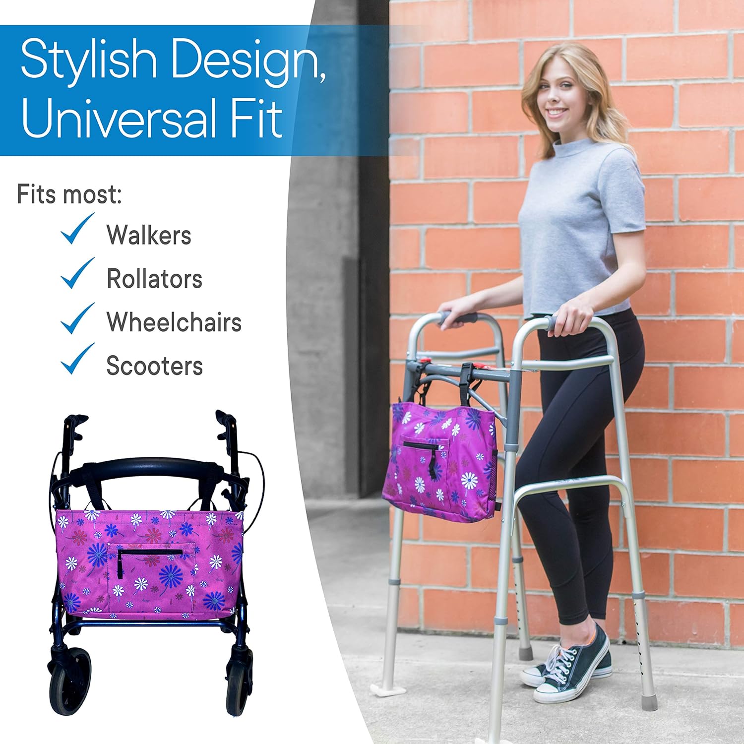 RMS Walker Bag with Soft Cooler - Water Resistant Tote with Temperature Controlled Thermal Compartment, Universal Fit for Walkers, Scooters or Rollator Walkers (Purple Flower): Health & Personal Care